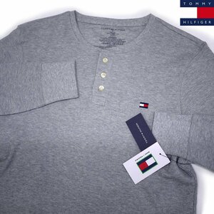 新品 トミーヒルフィガー ワッフル ヘンリーネック長袖Tシャツ(L)グレー 刺繍フラッグロゴ ロンT サーマル TOMMY HILFIGER USAモデル/aa100