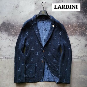 美品☆LARDINI テーラードジャケット 最高級ニットジャケット ネイビージャケット 紺 希少 アンカー柄 錨モチーフ柄 M ブートニエール 1円