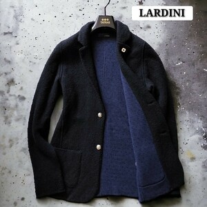 未使用級☆LARDINI テーラードジャケット 希少 刻印入り銀ボタン 最高級 ウール ニットジャケット イタリア製 ブートニエール 黒 2B 1円