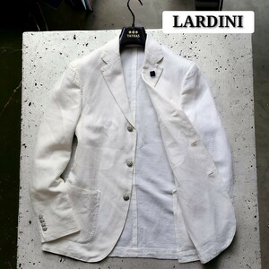 美品☆LARDINI テーラードジャケット 刻印入りメタルボタン ブレザー 麻 リネン 白系 ブートニエール 3B イタリア製 46 1円 