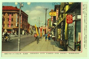 北海道 帯広 駅前通り 左に藤丸百貨店，右手前から大丸薬局，有名菓子店の六花亭 商店街 カラー