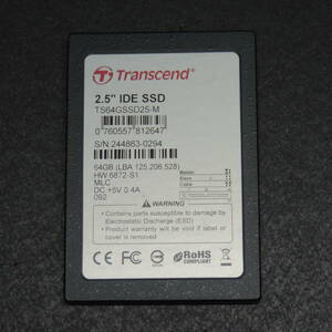 希少品【検品済み】Transcend 2.5 IDE SSD 64GB TS64GSSD25-M 管理:s-44