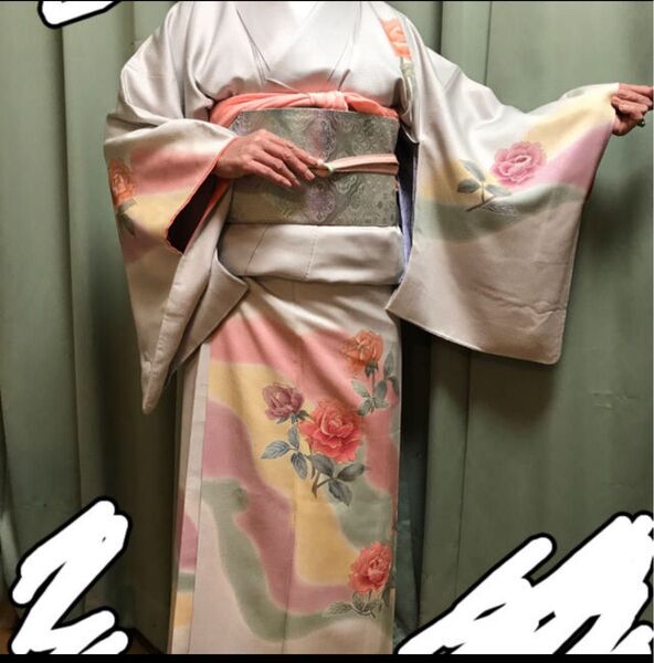 正絹 とっても素敵な薔薇模様の付け下げ着物