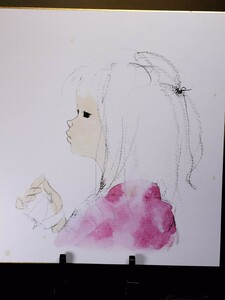 いわさきちひろ/絵画/色紙/プリント/7825/児童画/C.D.C/当時物/女の子/横顔/シミあり