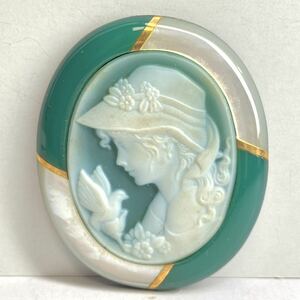 枠付き!!●ストーンカメオ14.9g●m 74.5ct 約45.5×37.8mm 貴婦人 CAMEO 花 アンティーク stone 繊細 ルース 宝石 物