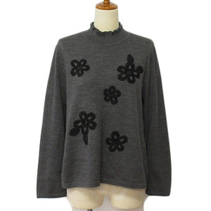  Leilian Leilian knitted high‐necked flower embroidery beads wool 13 gray lady's 