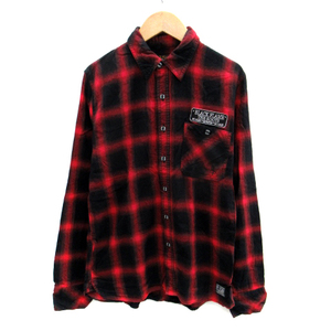 BLACK FLAME ブラックフレイム ネルシャツ カジュアルシャツ 長袖 チェック柄 刺繍 15 1/2 赤 レッド 黒 ブラック /SM20 メンズ