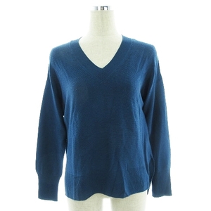  Ined INED knitted cut and sewn long sleeve V neck thin plain 9 blue blue tops /BT lady's 
