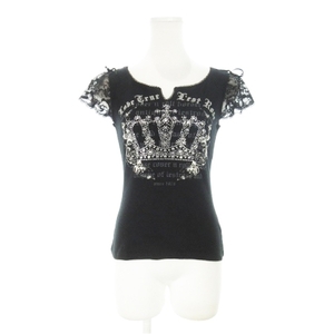  L'Est Rose cut and sewn key neck short sleeves race sleeve ribbon print Crown rhinestone stretch Y2K 2 black black /AH6 *