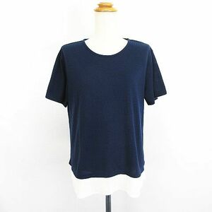  Golden Bear GOLDEN BEAR cut and sewn T-shirt short sleeves ound-necked switch hem pleat LL navy × ivory *EKM lady's 