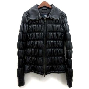 アルマーニ ジーンズ ARMANI JEANS ラムレザー 中綿 ギャザー ライダース ブルゾン ジャケット ダブルジップ 羊革 ブラック 黒 42 ☆AA★