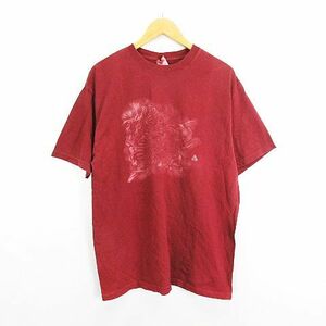 未使用品 anvil Tシャツ カットソー 半袖 クルーネック 麒麟 プリント コットン XL ワインレッド ※EKM メンズ