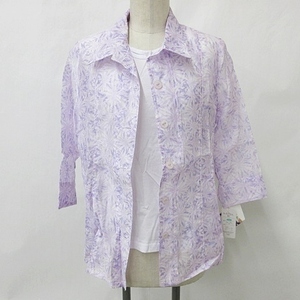 未使用品 mocka giene アンサンブル シャツ Tシャツ 七分袖 半袖 オープンカラー 丸首 リネン 綿 花柄 紫 パープル M レディース