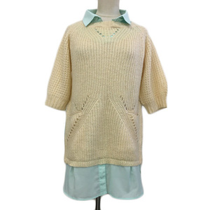  smoked smork sweater knitted shirt pull over Layered manner ... braided 7 minute sleeve beige yellow green yellow green lady's 