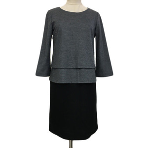  Ined INED One-piece I line Mini switch frill wool 7 minute sleeve 7 gray black black lady's 