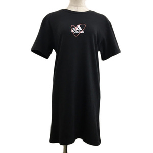 アディダス adidas チュニック Tシャツ プルオーバー クルーネック ロゴ 刺繍 半袖 M 黒 白 ブラック ホワイト レディース