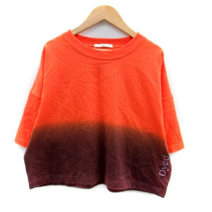 スライ SLY Tシャツ カットソー ラウンドネック 五分袖 ショート丈 刺繍 F グラデーション オレンジ 赤茶 レッドブラウン /HO45 レディース
