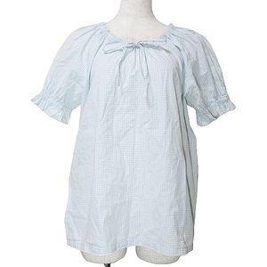  Pink House PINK HOUSE blouse short sleeves silver chewing gum check pico frill smock pull over Logo ribbon light blue white X lady's 