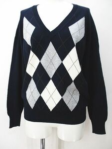 ザラ ZARA KNIT アーガイル柄 長袖 ニット セーター L 紺系 ネイビー Vネック リブ レディース