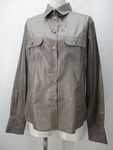 アクアスキュータム AQUASCUTUM 長袖 シャツ ブラウス M グレージュ 無地 光沢 ボタン 透け感 レディース