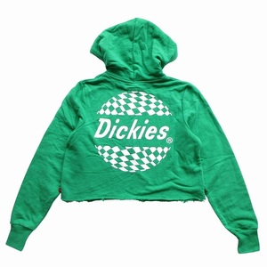 ディッキーズ Dickies 裾切りっぱなし ショート丈 パーカー フーディー バックプリント 長袖 ロゴ S 緑 グリーン レディース ♪10