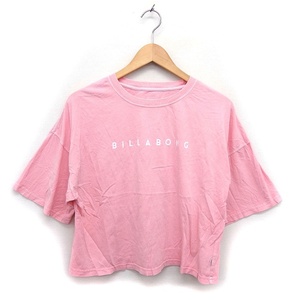 ビラボン BILLABONG カットソー Tシャツ リブ ロゴ プリント クロップド ドロップショルダー ワイド 五分袖 M ピンク /NT22 レディース