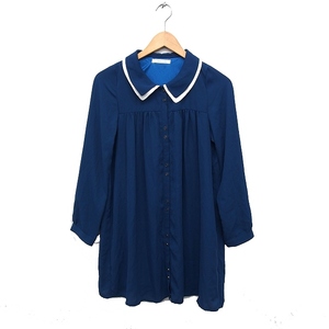  Lowrys Farm LOWRYS FARM piling collar shirt tunic long sleeve chiffon plain M blue blue /FT15 lady's 