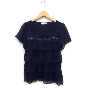  clamp ryus Michel Klein KLEIN PLUStia-do blouse short sleeves square neck race beads chiffon 40 navy blue /FT19 lady's 