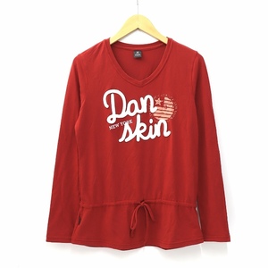 DANSKIN ダンスキン ロゴプリント 長袖 Vネック リボン付き Tシャツ L RED レッド レディース