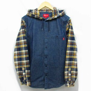 シュプリーム SUPREME 美品 13AW Hooded Plaid Denim Shirt デニム シャツ 長袖 切替 インディゴ M メンズ