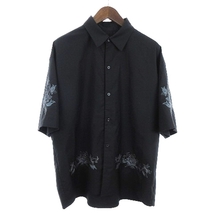 ハレ HARE フラワー刺繍 レギュラーカラー シャツ 五分袖 黒 ブラック S メンズ_画像1