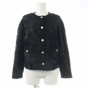 UNTITLED shaggy molding cardigan knitted long sleeve crew neck eko fur gold button wool .2 M black black 153-37552