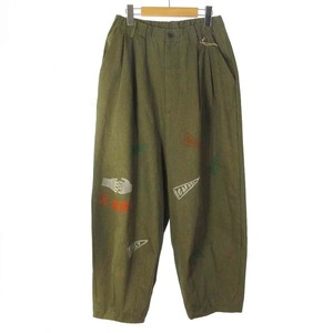 未使用品 ダレニモ DARENIMO タグ付き 23SSP01 Balloon Pants タック パンツ ワイドシルエット コットン リネン プリント カーキ 2 メンズ