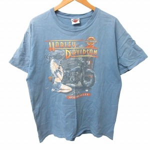 ハーレーダビッドソン HARLEY DAVIDSON プリントTシャツ カットソー 半袖 青系 ブルー Lサイズ 0315 メンズ