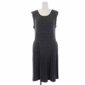  Chanel CHANEL knitted One-piece pleat One-piece knee height wool rib no sleeve 42 XL gray 07A /YI4 lady's 