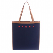 未使用品 マルニ MARNI FLAT SHOPPING フラット ショッピング トートバッグ ジャガード キャンバス ロゴ 刺繍 タグ付き 紺 ネイビー 茶_画像3