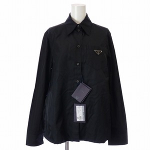 未使用品 プラダ PRADA 22AW Poplin And Re-nylon Shirt シャツ 長袖 ナイロン ロゴ 三角プレート タグ付き 38 M 黒 ブラック