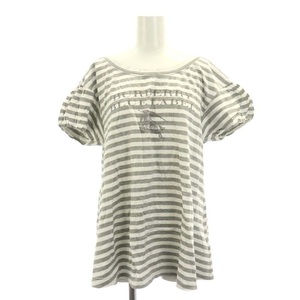 バーバリーブルーレーベル BURBERRY BLUE LABEL バックオープンボーダーTシャツ カットソー 半袖 ロゴプリント リボン 38 白 グレー