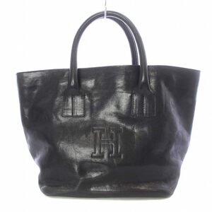  Hirofu HIROFU handbag leather Logo type pushed . open top black black /KW #GY18 lady's 