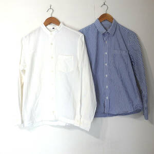 【送料無料】無印良品長袖シャツ２枚セット/白スタンドカラーシャツ　ストライプシャツ　メンズMサイズ　MUJI　