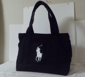 POLO Polo * Ralph Lauren canvas black white Bick po knee Logo tote bag handbag lady's 