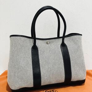 HERMES 新品同様 ガーデンパーティ トートPM バッグ トワルアッシュ グレー×ブラック □G エルメス バックの画像1