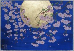 日本画「枝垂れ桜」FSM号　夜桜　さくら　群青　金箔、岩絵の具　肉筆画　サムホール　パネルアート
