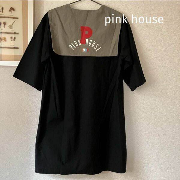 pink house セーラーカラー配色チュニック ブラック FREE