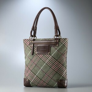 MG1061△BURBERRY バーバリー*チェック柄*ウール×レザー*トートバッグ*ハンドバッグ*肩掛け*手提げ*鞄*グリーン系×ブラウン系