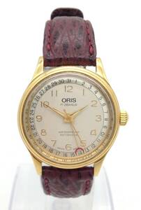 動作品【 ORIS 手巻き式 腕時計 302-7285B 】オリス メンズ ラウンド 3針式 アイボリーゴールド文字盤 革ベルト ポインターデイト 17石 MN