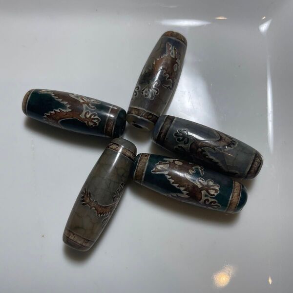 A632 龍天珠 龍紋天珠グリーン 10*28~30mm 5個