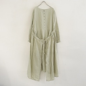 //ネストローブ nest Robe *リネンギャザーラップ2WAYワンピース*F麻染グリーン系タック切替ノーカラードレス(25-2402-168)【50C42】