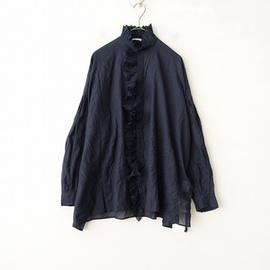 //【美品/定価3.9万】トゥジュー TOUJOURS *シルクコットンカディラッフルブラウス*2フリルシャツネイビー(33-2402-570)【41C42】