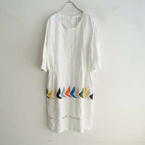 //【定価4.4万】ミナペルホネンランドリー mina perhonen laundry *bird リネン刺繍7分袖ドレスワンピース*38(33-2402-552)【12C42】